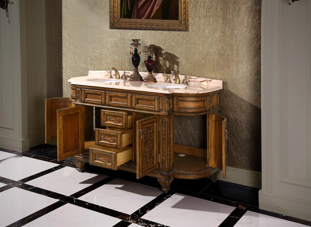 71" Deminlune Double Sink Bath Vanity in Antique Walnut with Marble Top