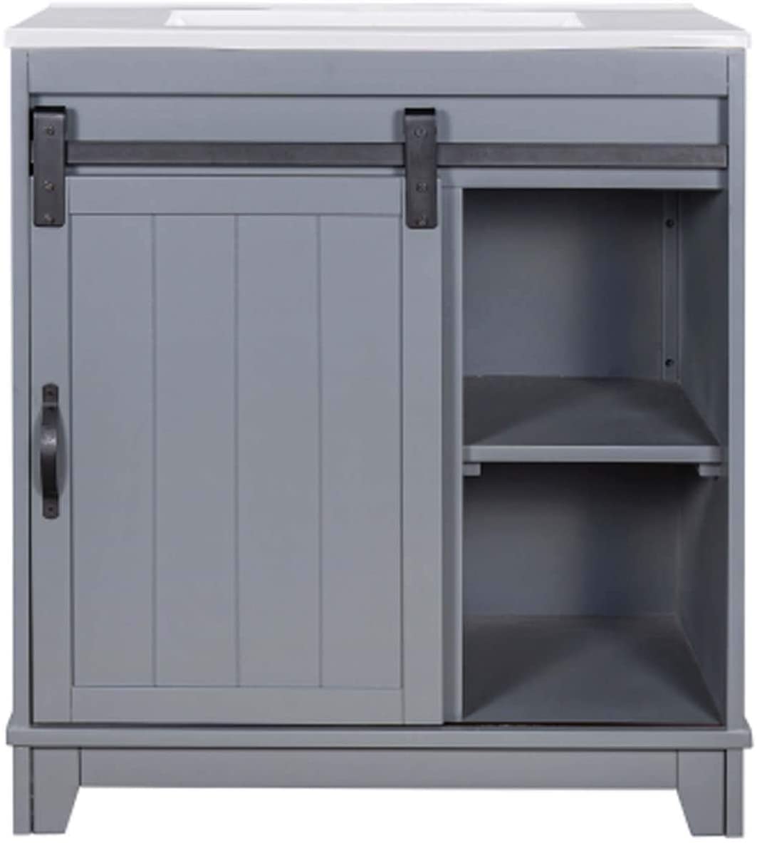 30 inch Free-Standing Gray Bathroom Vanity with Sliding Bars Door and White Sink