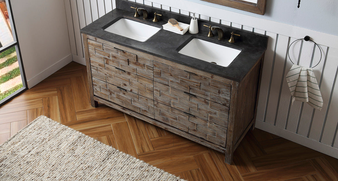 60" Rustic Fir Double Sink Bath Vanity with Moon Stone Marble Top