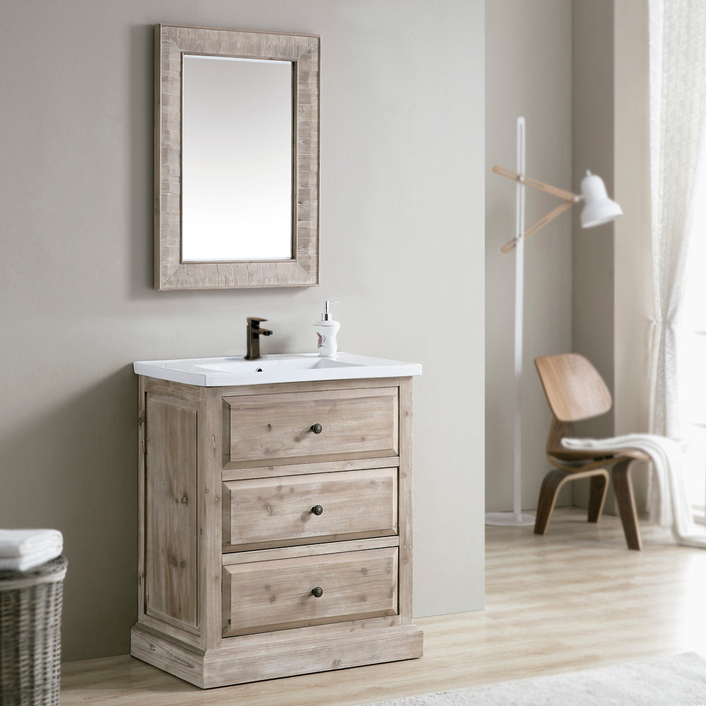 30" Single Sink Rustic Driftwood Bath Vanity with Ceramic Top and Integrated Sink