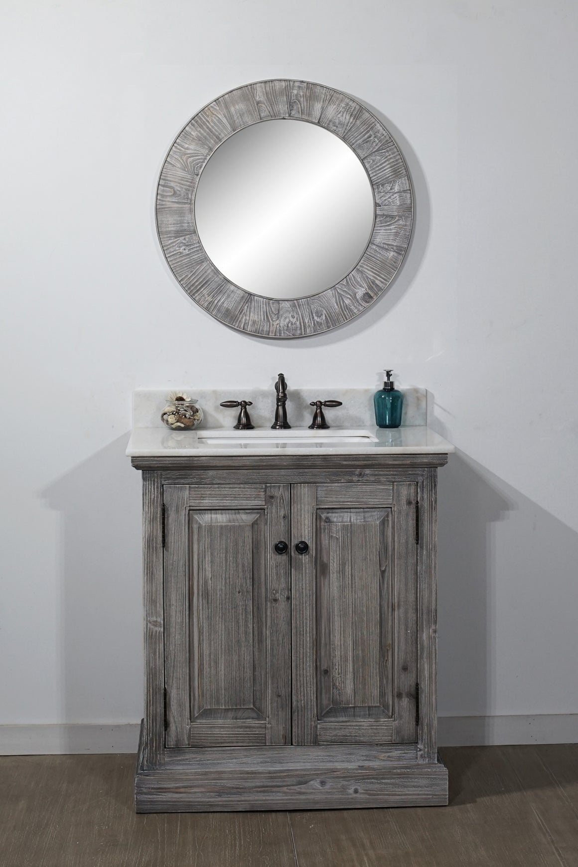 30" RUSTIC SOLID FIR SINGLE SINK VANITY IN GREY DRIFTWOOD WITH ARCTIC PEARL QUARTZ MARBLE TOP-NO FAUCET
