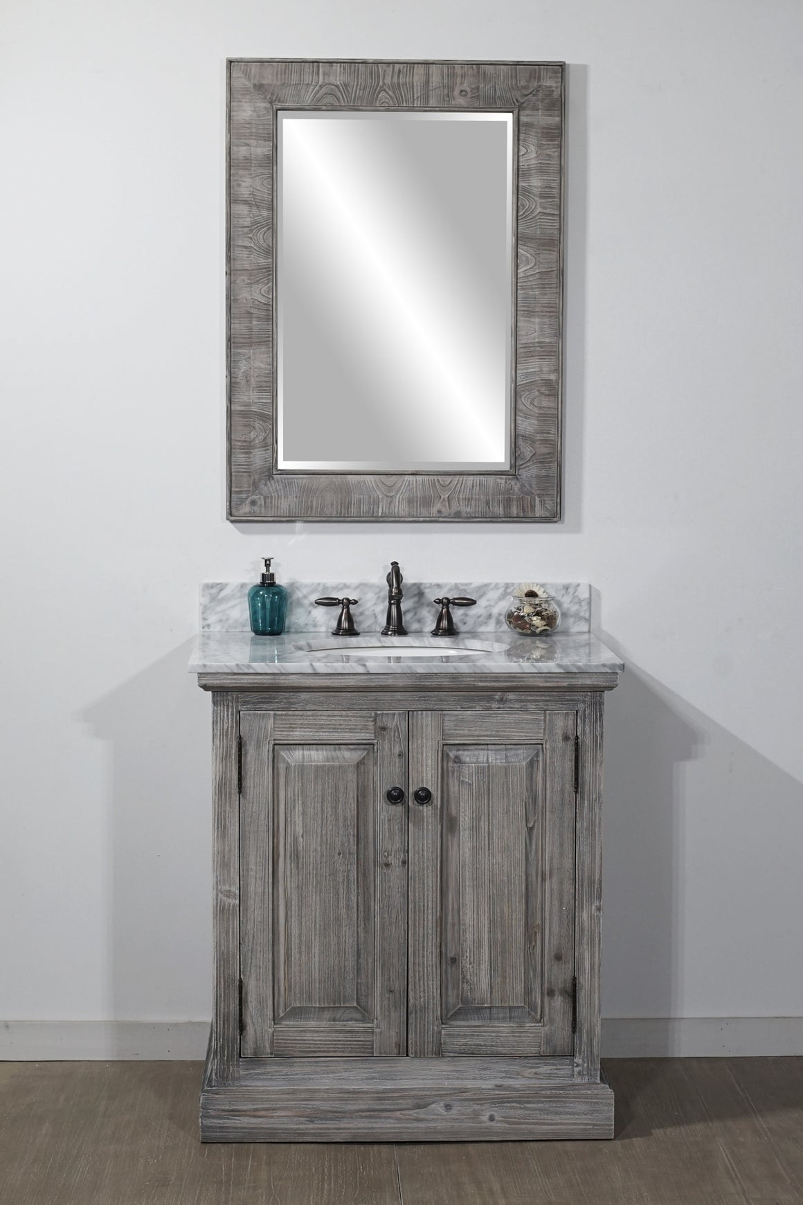 30" RUSTIC SOLID FIR SINGLE SINK VANITY IN GREY DRIFTWOOD WITH CARRARA MARBLE TOP-NO FAUCET