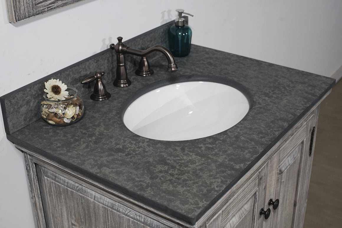 30" RUSTIC SOLID FIR SINGLE SINK VANITY IN GREY DRIFTWOOD WITH POLISHED TEXTURED SURFACE GRANITE TOP-NO FAUCET