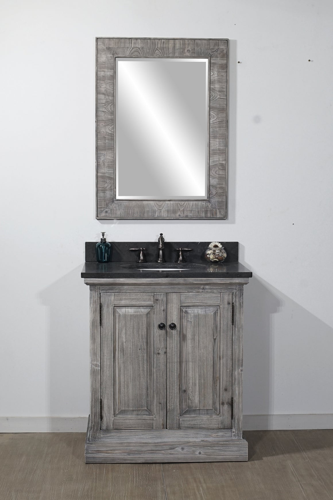 30" RUSTIC SOLID FIR SINGLE SINK VANITY IN GREY DRIFTWOOD WITH LIMESTONE TOP-NO FAUCET