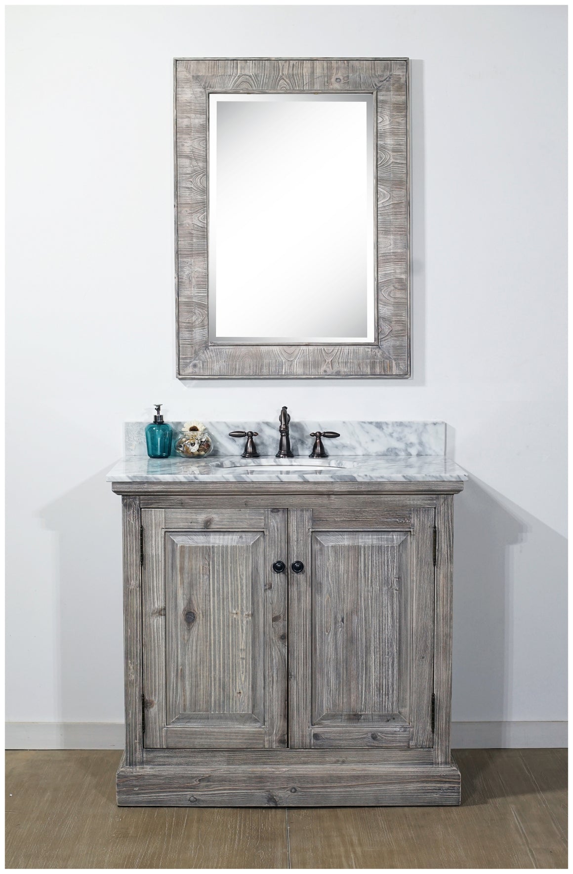 36" RUSTIC SOLID FIR SINGLE SINK VANITY IN GREY DRIFTWOOD WITH CARRARA WHITE MARBLE TOP-NO FAUCET