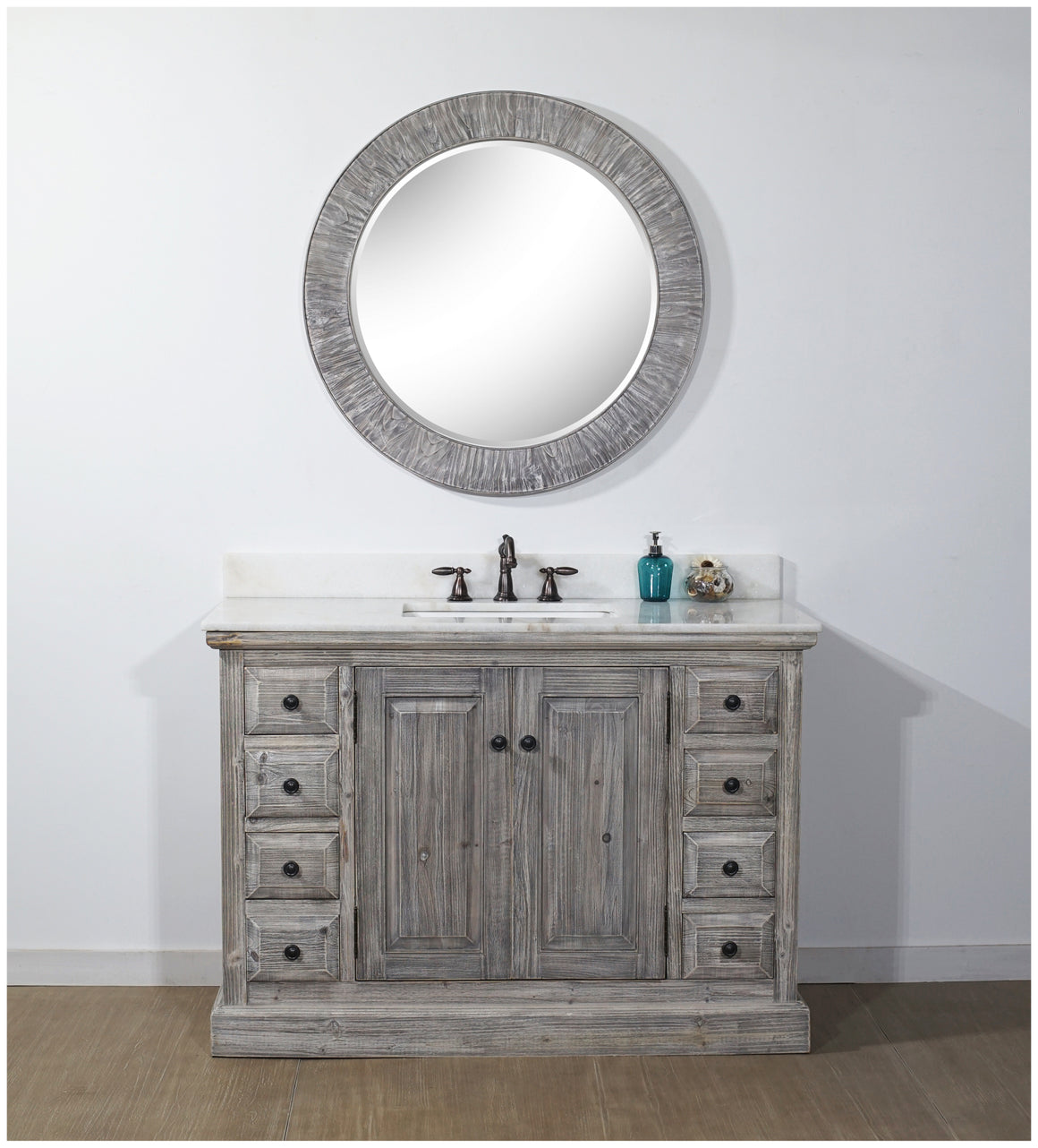 48" RUSTIC SOLID FIR SINGLE SINK VANITY IN GREY-DRIFTWOOD WITH ARCTIC PEARL QUARTZ MARBLE TOP-NO FAUCET