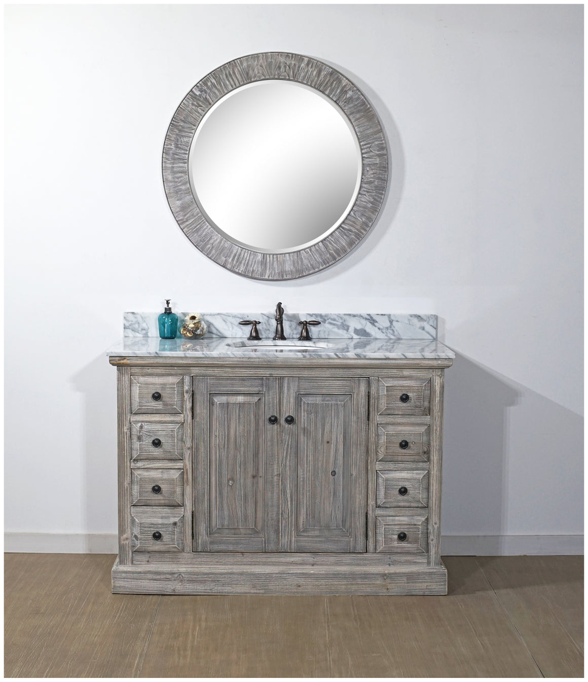 48" RUSTIC SOLID FIR SINGLE SINK VANITY IN GREY-DRIFTWOOD WITH CARRARA WHITE MARBLE TOP-NO FAUCET