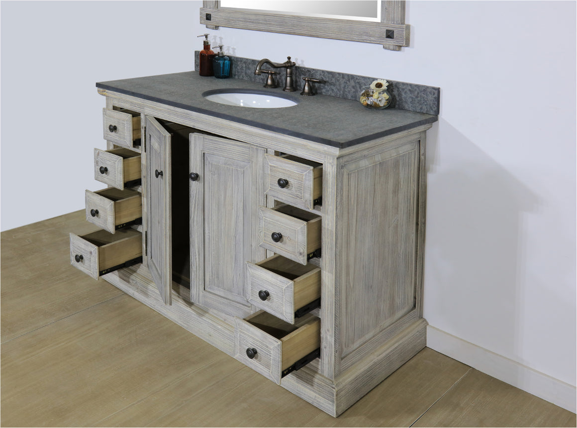48" RUSTIC SOLID FIR SINGLE SINK VANITY IN GREY-DRIFTWOOD WITH POLISHED TEXTURED SURFACE GRANITE TOP-NO FAUCET