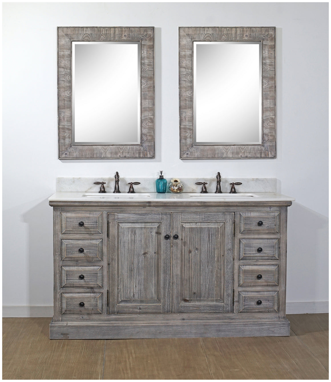 60" RUSTIC SOLID FIR DOUBLE SINK VANITY IN GREY DRIFTWOOD WITH ARCTIC PEARL QUARTZ MARBLE TOP-NO FAUCET