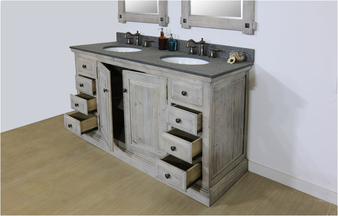 60" RUSTIC SOLID FIR DOUBLE SINK VANITY IN GREY DRIFTWOOD WITH POLISHED TEXTURED SURFACE GRANITE TOP-NO FAUCET