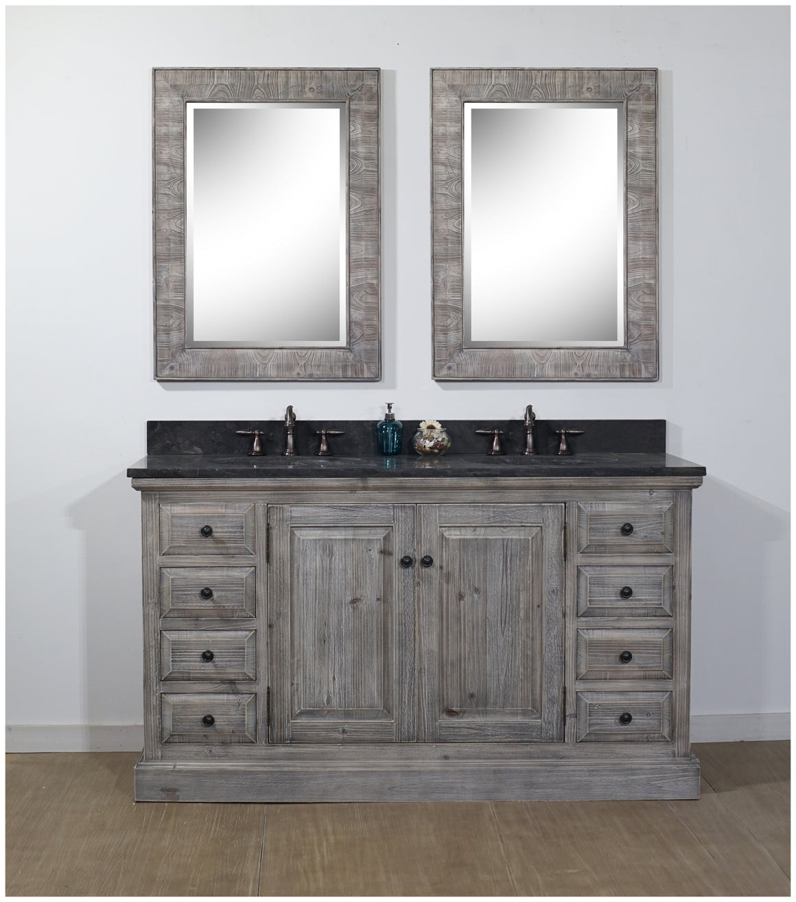 60" RUSTIC SOLID FIR DOUBLE SINK VANITY IN GREY DRIFTWOOD WITH LIMESTONE TOP-NO FAUCET
