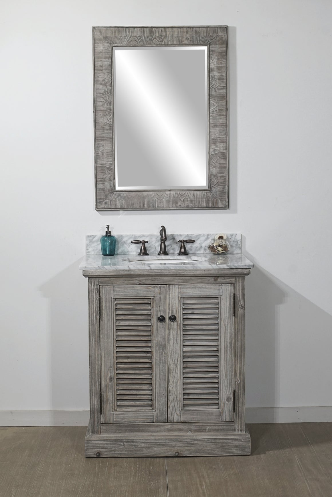 30" RUSTIC SOLID FIR SINGLE SINK VANITY IN GREY DRIFTWOOD WITH CARRARA WHITE MARBLE TOP-NO FAUCET