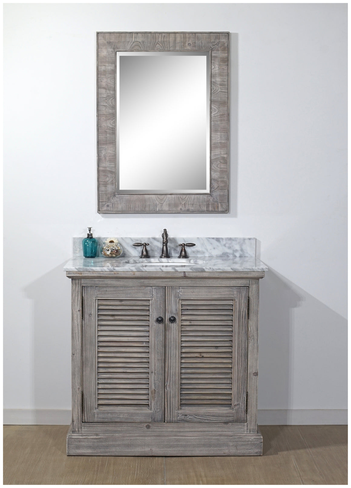 36" RUSTIC SOLID FIR SINGLE SINK VANITY IN GREY DRIFTWOOD WITH CARRARA WHITE MARBLE TOP-NO FAUCET