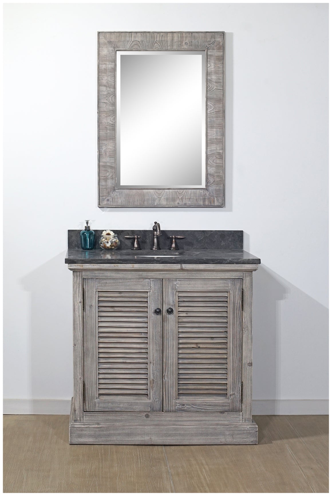 36" RUSTIC SOLID FIR SINGLE SINK VANITY IN GREY DRIFTWOOD WITH LIMESTONE TOP-NO FAUCET