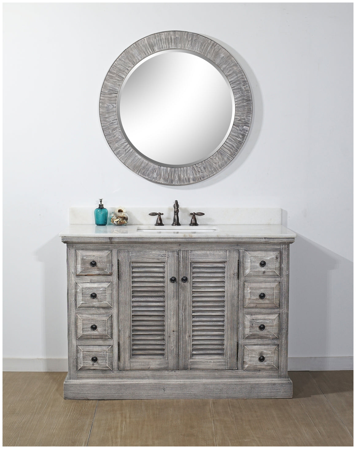 48" RUSTIC SOLID FIR SINGLE SINK VANITY IN GREY DRIFTWOOD WITH ARCTIC PEARL QUARTZ MARBLE TOP-NO FAUCET