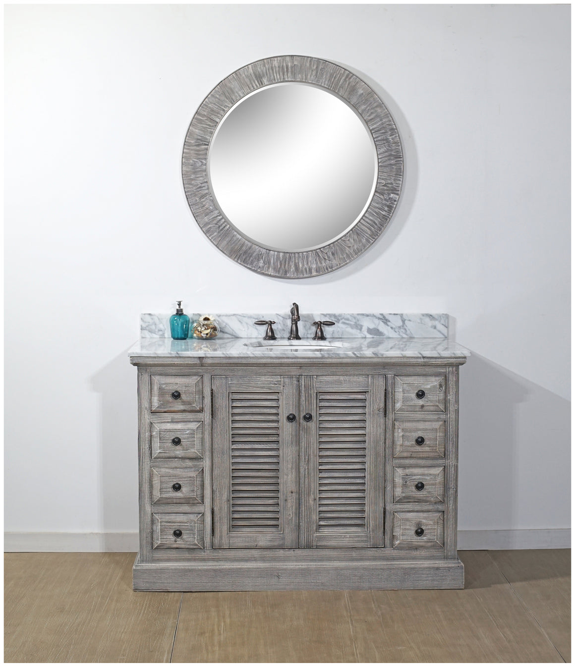 48" RUSTIC SOLID FIR SINGLE SINK VANITY IN GREY DRIFTWOOD WITH CARRARA WHITE MARBLE TOP-NO FAUCET