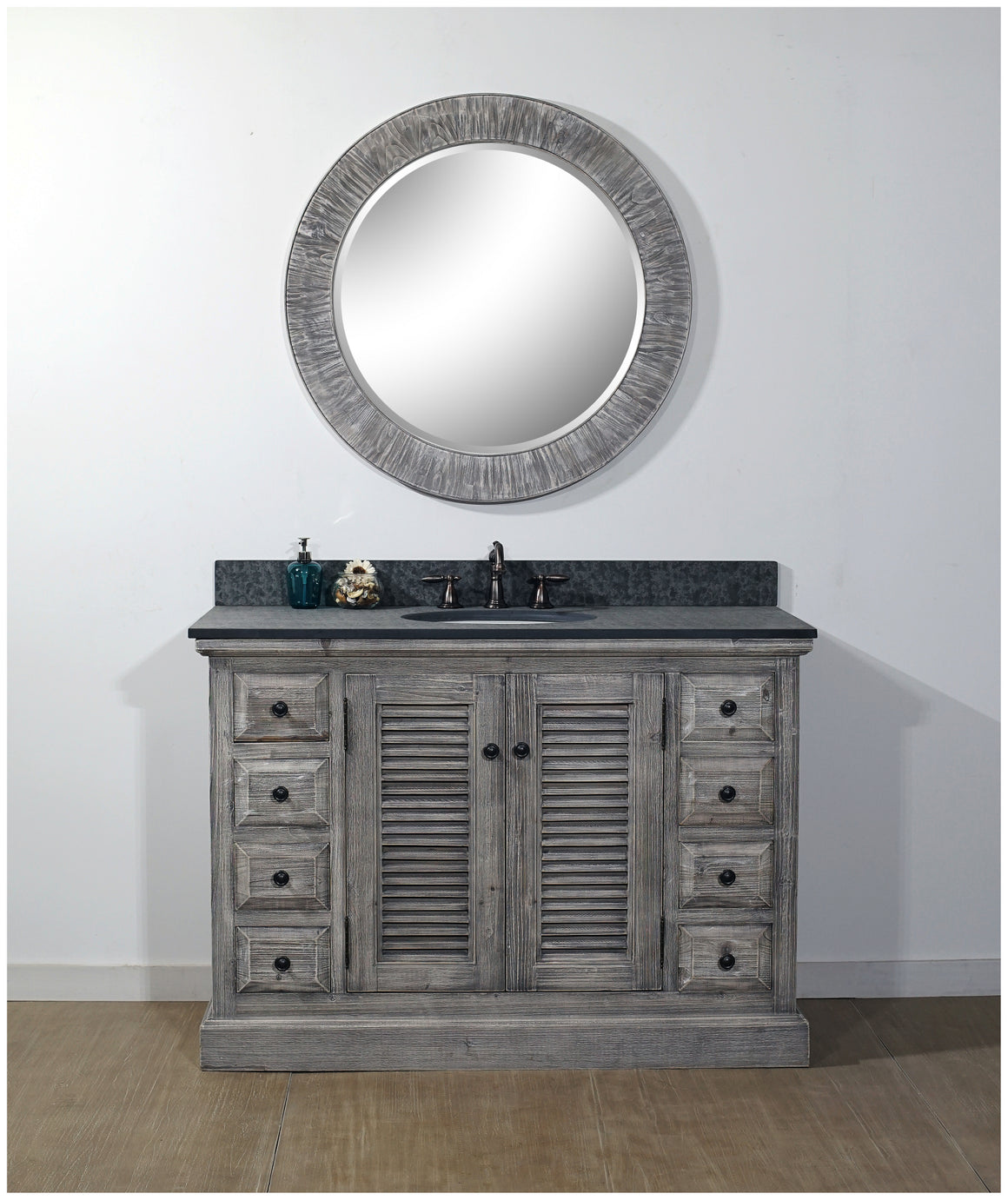 48" RUSTIC SOLID FIR SINGLE SINK VANITY IN GREY DRIFTWOOD WITH POLISHED TEXTURED SURFACE GRANITE TOP-NO FAUCET