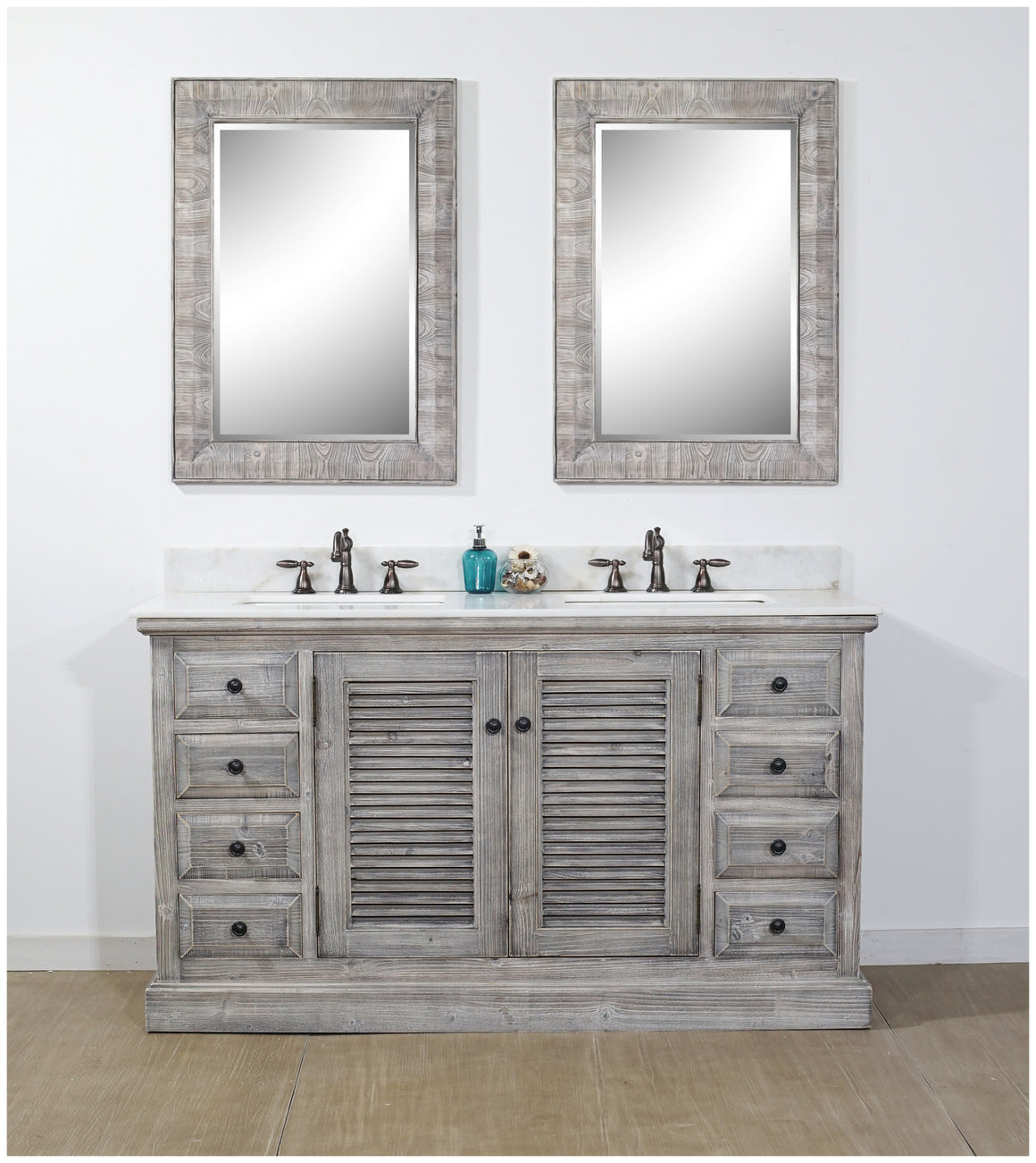 60" RUSTIC SOLID FIR DOUBLE SINKS VANITY IN GREY DRIFTWOOD WITH ARCTIC PEARL QUARTZ MARBLE TOP-NO FAUCET