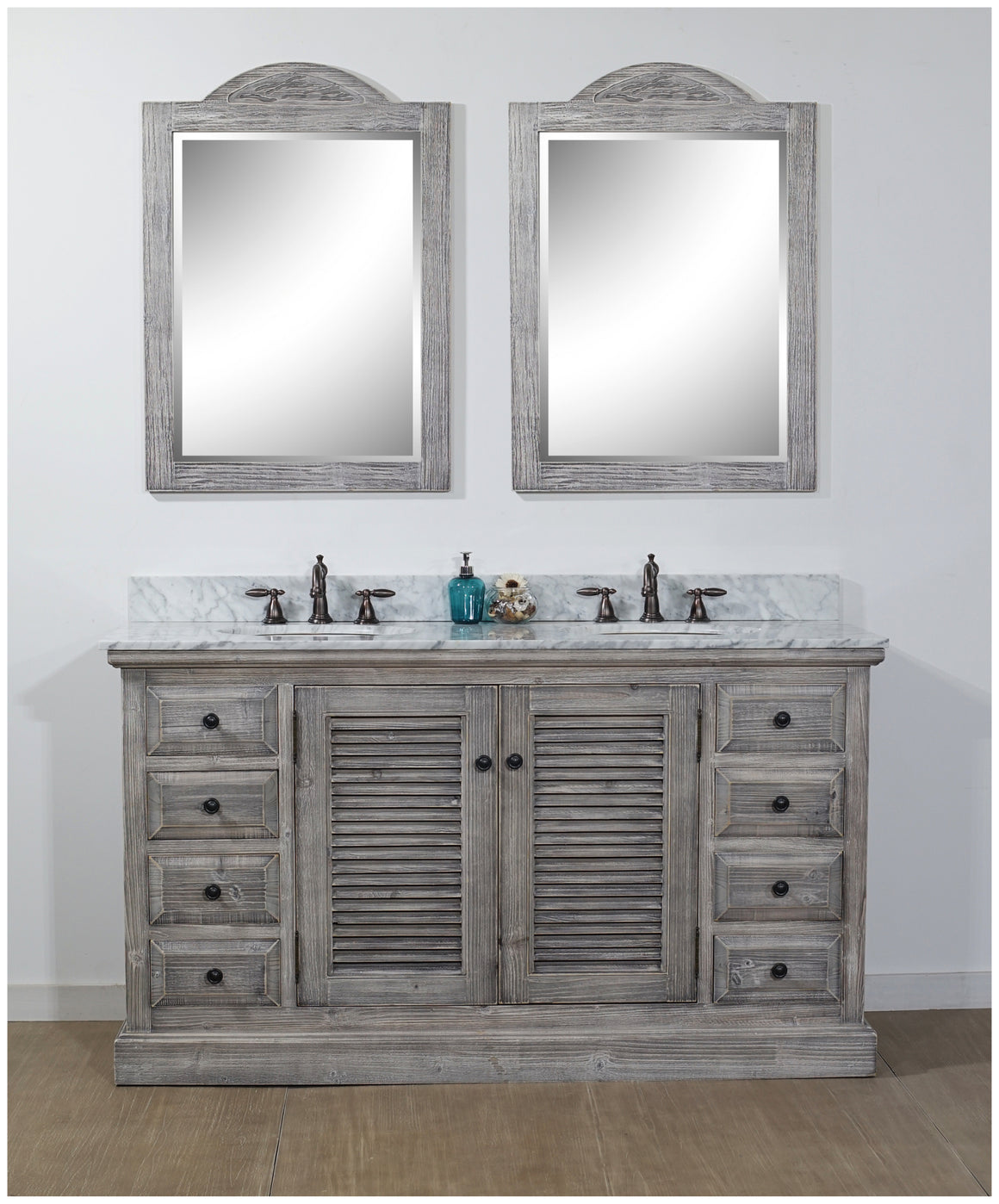 60" RUSTIC SOLID FIR DOUBLE SINKS VANITY IN GREY DRIFTWOOD WITH CARRARA WHITE MARBLE TOP-NO FAUCET