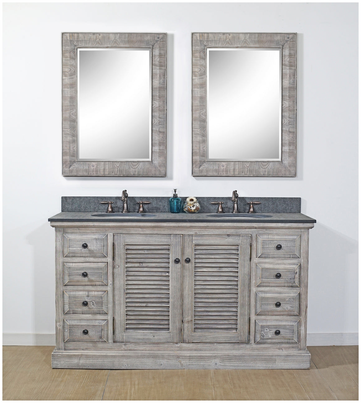60" RUSTIC SOLID FIR DOUBLE SINKS VANITY IN GREY DRIFTWOOD WITH POLISHED TEXTURED SURFACE GRANITE TOP-NO FAUCET