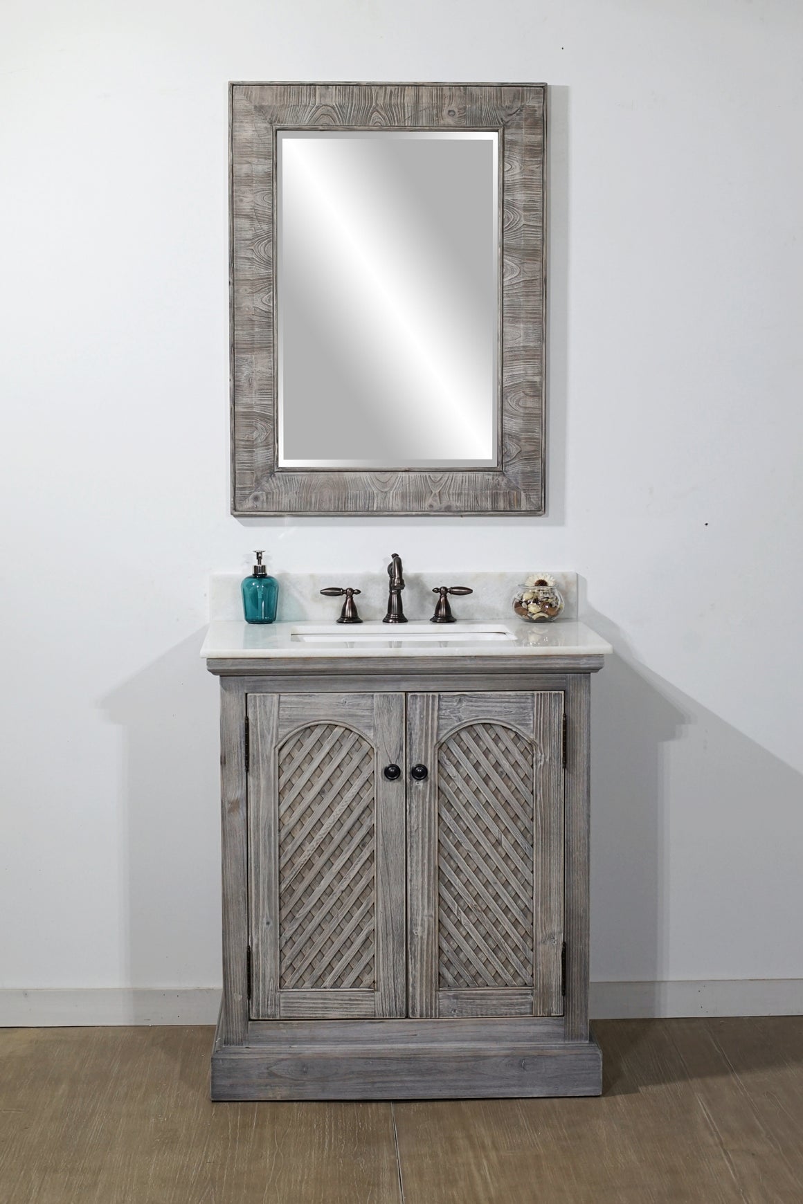 30" RUSTIC SOLID FIR SINK VANITY IN GREY DRIFTWOOD WITH ARCTIC PEARL QUARTZ MARBLE TOP-NO FAUCET