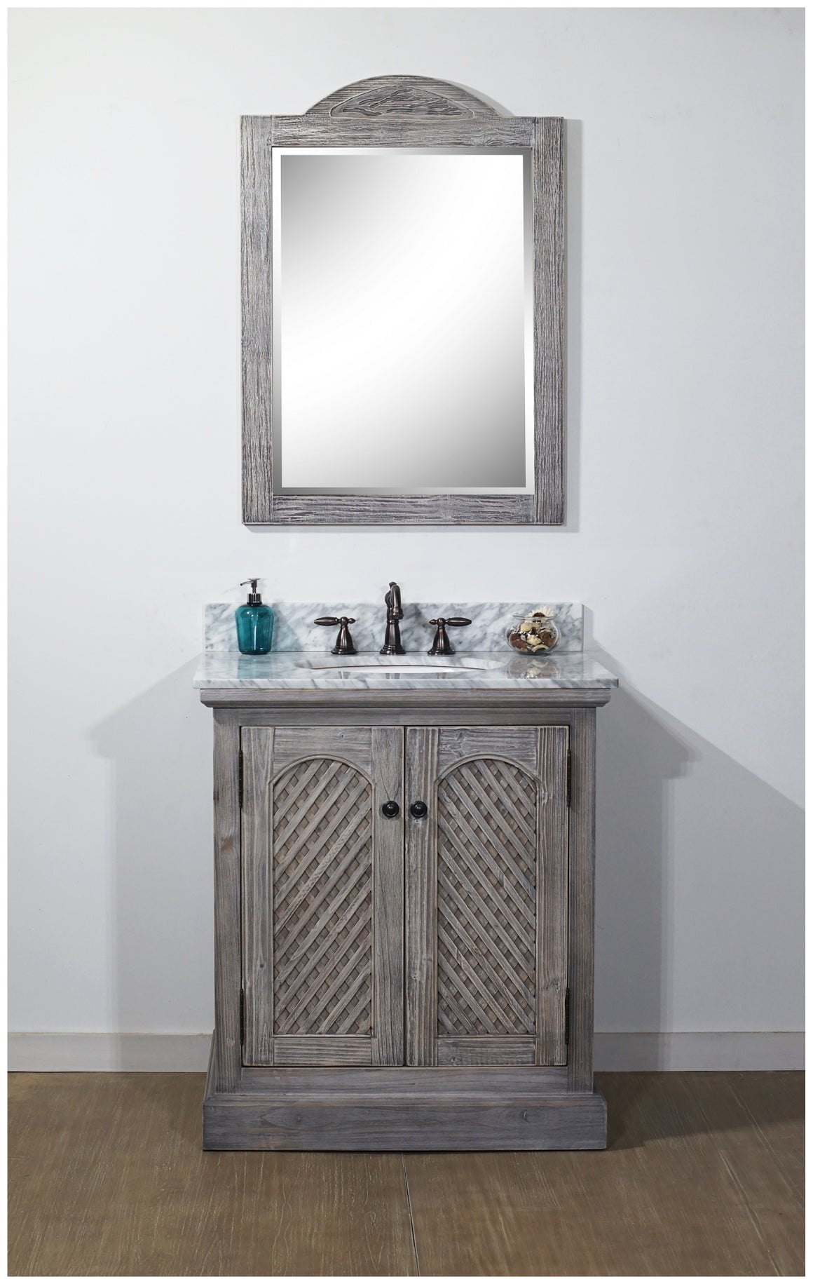 30" RUSTIC SOLID FIR SINK VANITY IN GREY DRIFTWOOD WITH CARRARA WHITE MARBLE TOP-NO FAUCET