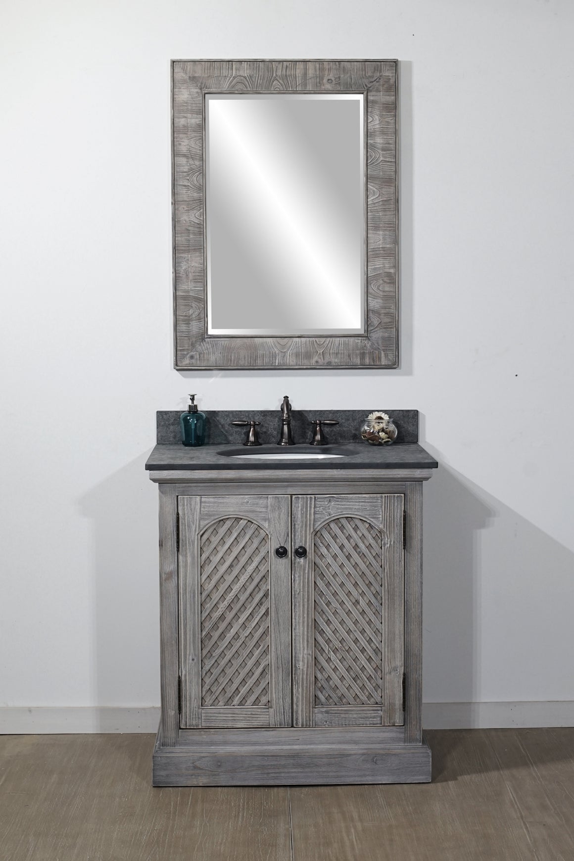 30" RUSTIC SOLID FIR SINK VANITY IN GREY DRIFTWOOD WITH POLISHED TEXTURED SURFACE GRANITE TOP-NO FAUCET