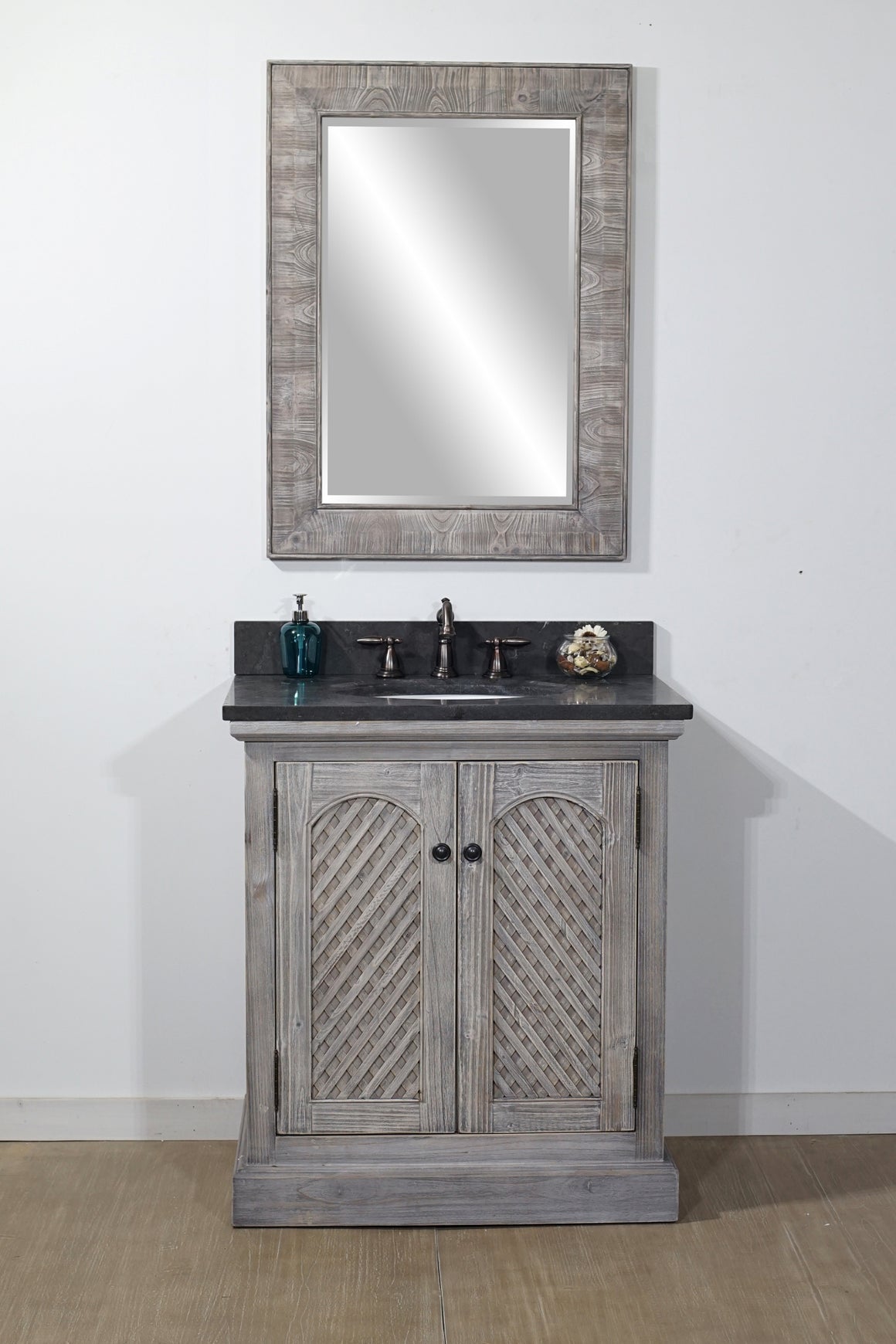 30" RUSTIC SOLID FIR SINK VANITY IN GREY DRIFTWOOD WITH LIMESTONE TOP-NO FAUCET
