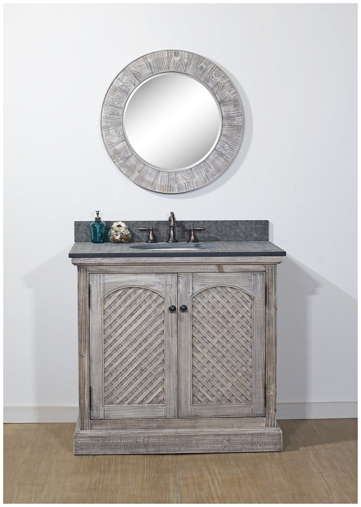 36" RUSTIC SOLID FIR SINGLE SINK VANITY IN GREY DRIFTWOOD WITH POLISHED TEXTURED SURFACE GRANITE TOP-NO FAUCET
