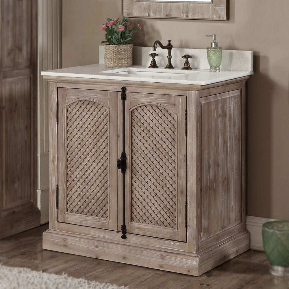 36" Single Sink Recycled Fir Bath Vanity with Weave Doors and White Quartz Top