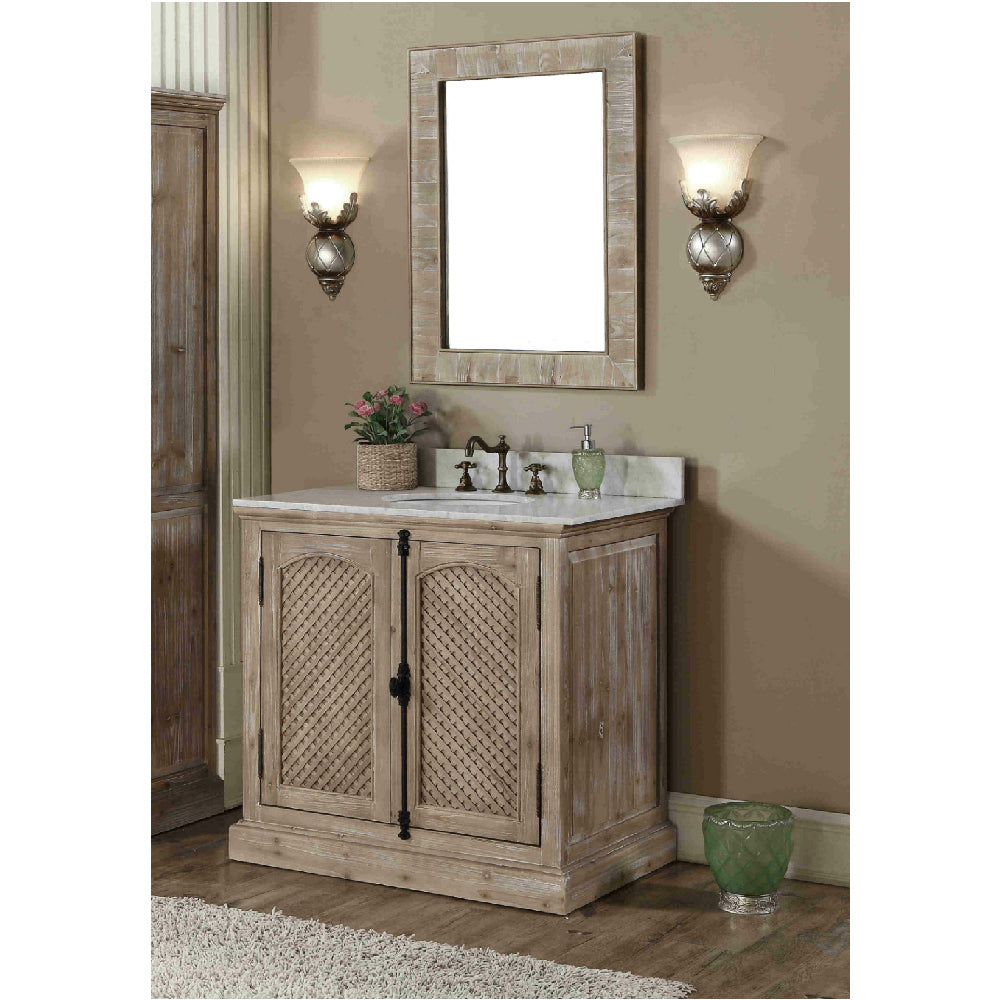 36" Single Sink Recycled Fir Bath Vanity with Weave Doors and White Carrara Marble Top