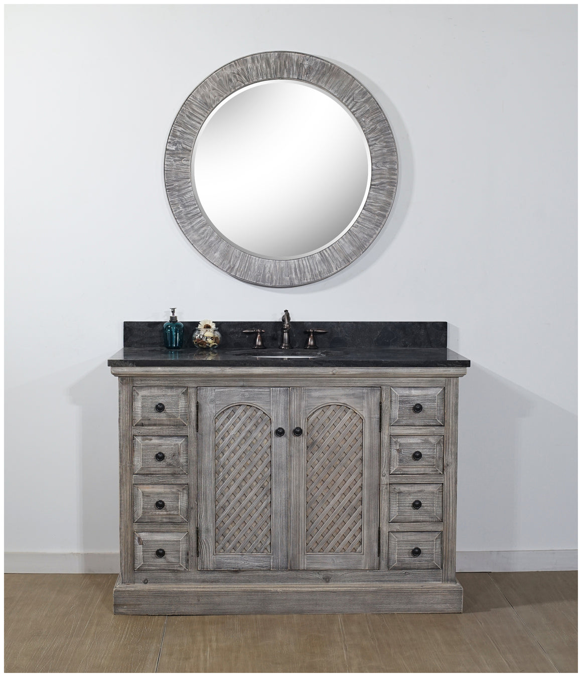 48" RUSTIC SOLID FIR SINGLE SINK VANITY IN GREY DRIFTWOOD WITH LIMESTONE TOP-NO FAUCET
