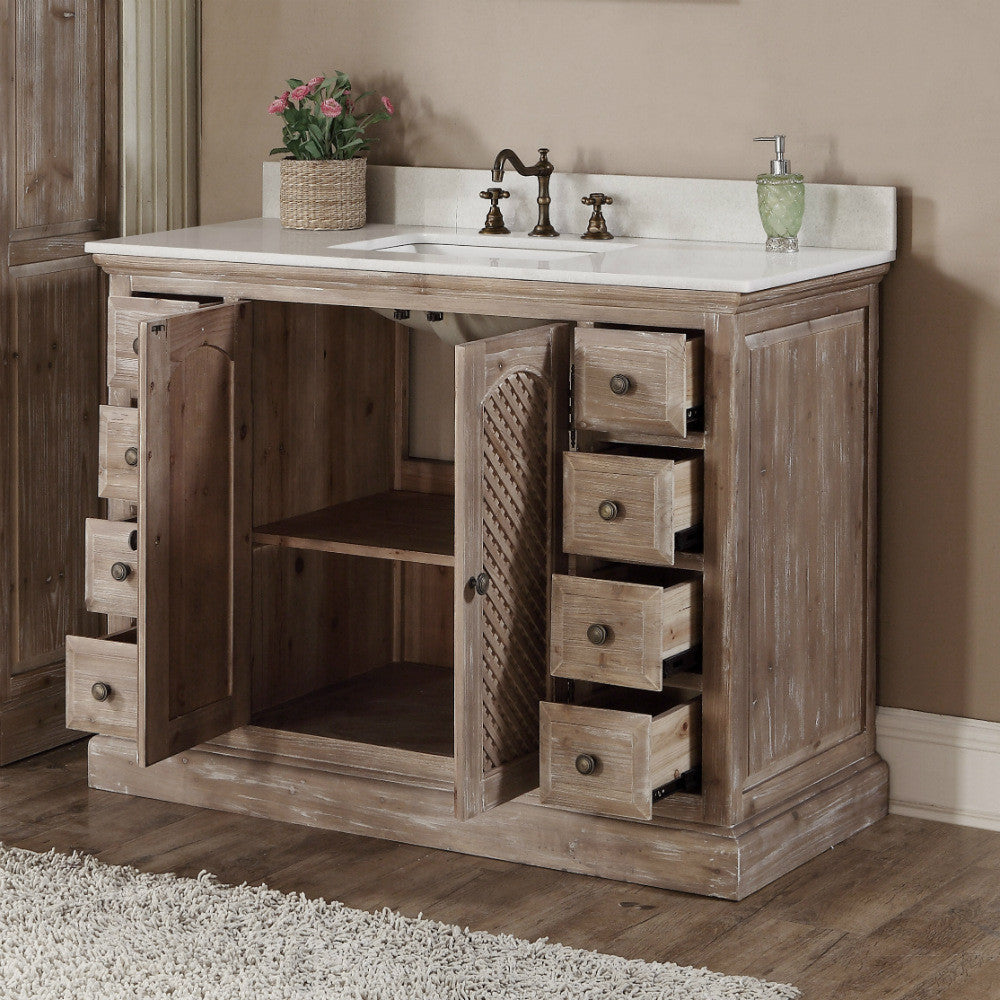 48" Single Sink Rustic Driftwood Bath Vanity with Weave Doors and White Carrara Marble Top