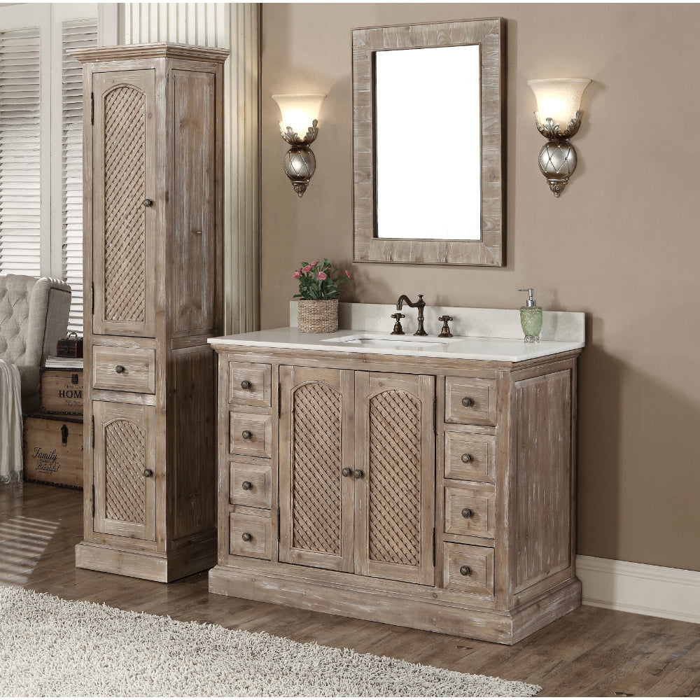 48" Single Sink Rustic Driftwood Bath Vanity with Weave Doors and White Quartz Top