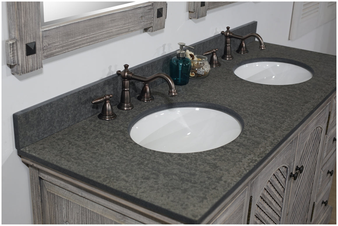 60" RUSTIC SOLID FIR DOUBLE SINKS VANITY IN GREY DRIFTWOOD WITH POLISHED TEXTURED SURFACE GRANITE TOP-NO FAUCET