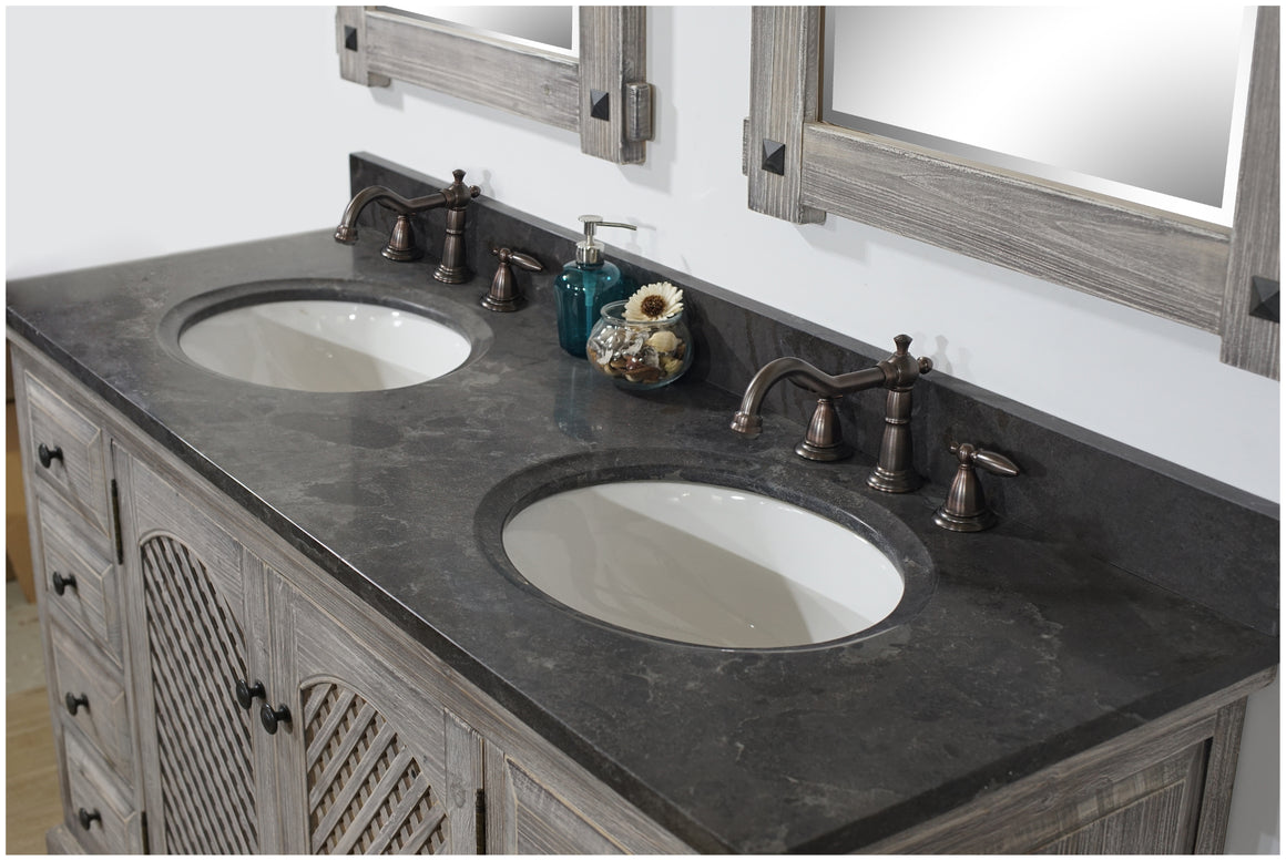 60" RUSTIC SOLID FIR DOUBLE SINKS VANITY IN GREY DRIFTWOOD WITH LIMESTONE TOP-NO FAUCET