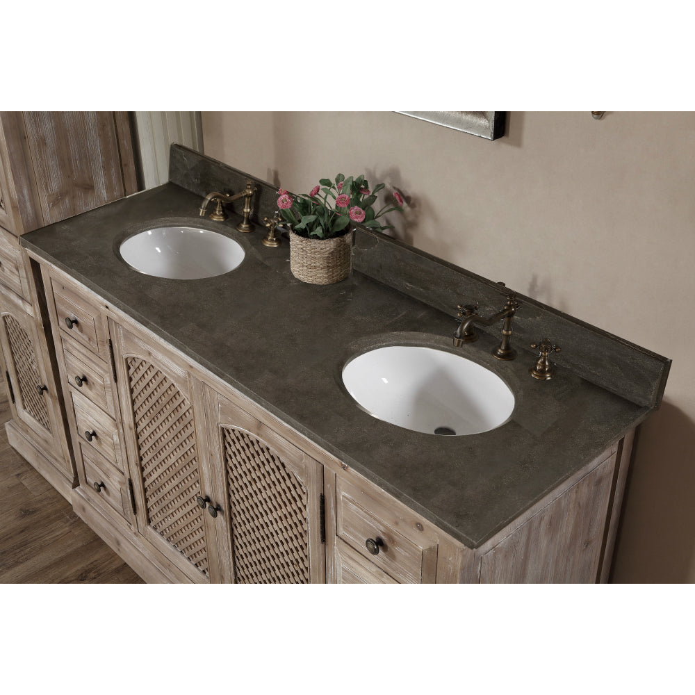 60" Single Sink Recycled Fir Bath Vanity with Weave Doors and Ash Grey Limestone Top