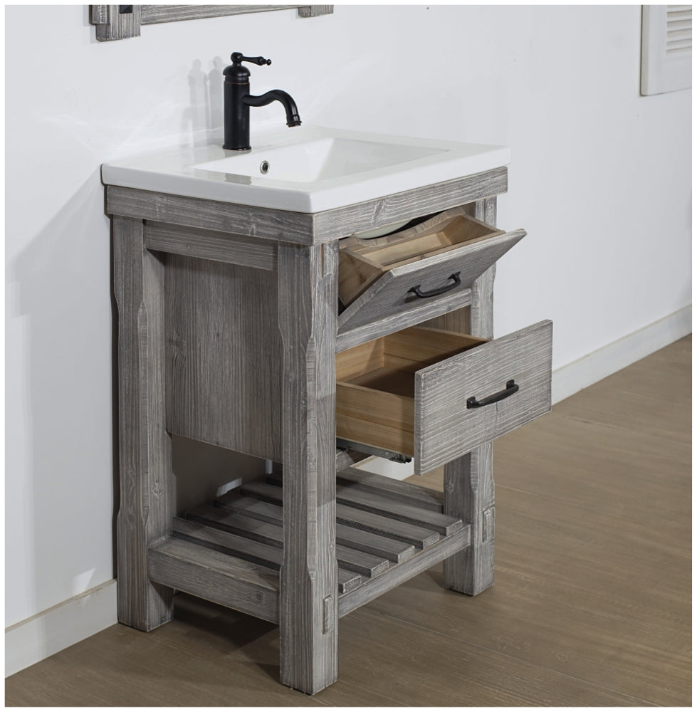 24" RUSTIC SOLID FIR VANITY WITH CERAMIC SINGLE SINK IN GREY DRIFTWOOD-NO FAUCET
