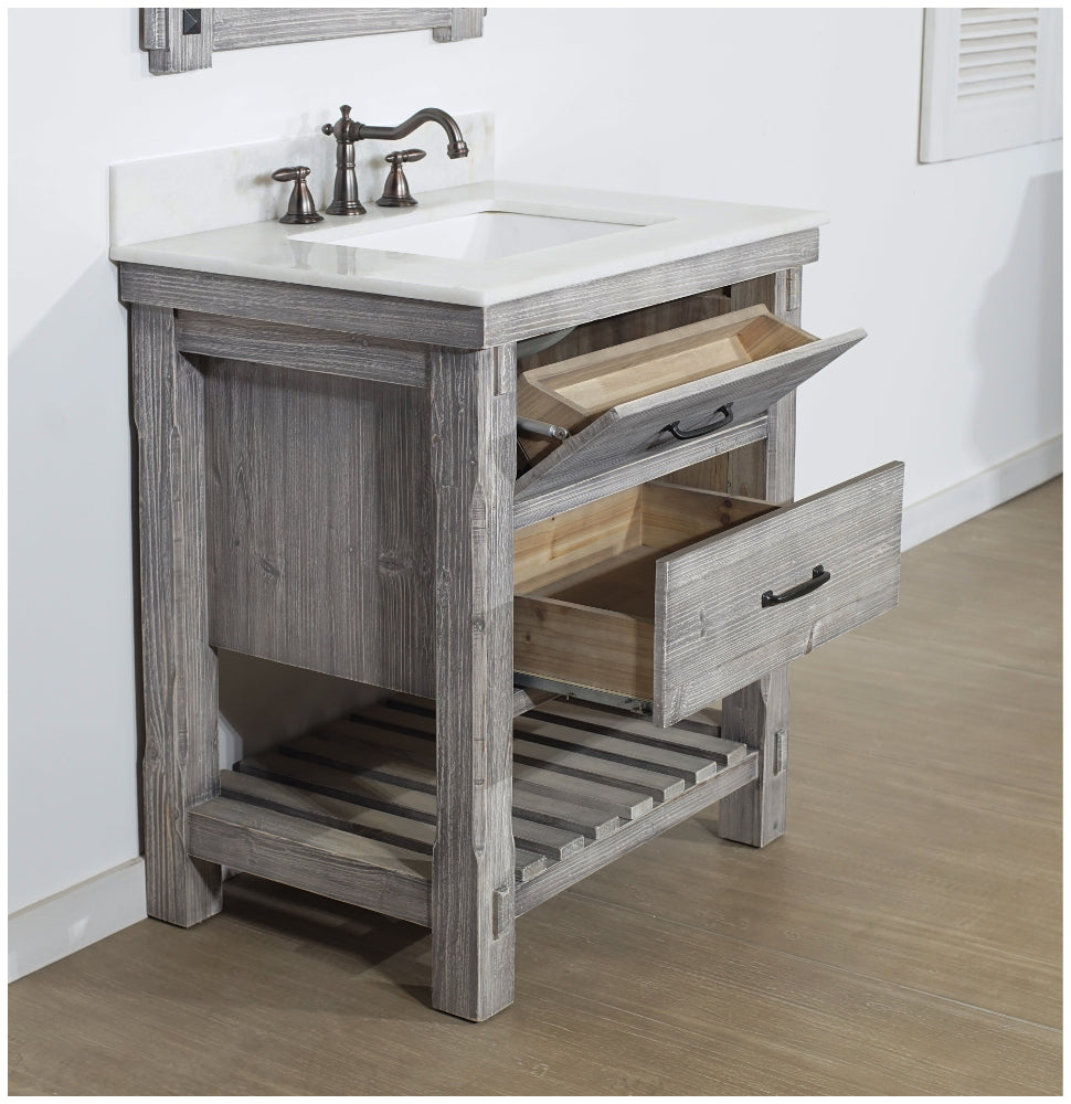 30" RUSTIC SOLID FIR SINGLE SINK VANITY IN GREY DRIFTWOOD WITH ARCTIC PEARL QUARTZ MARBLE TOP-NO FAUCET