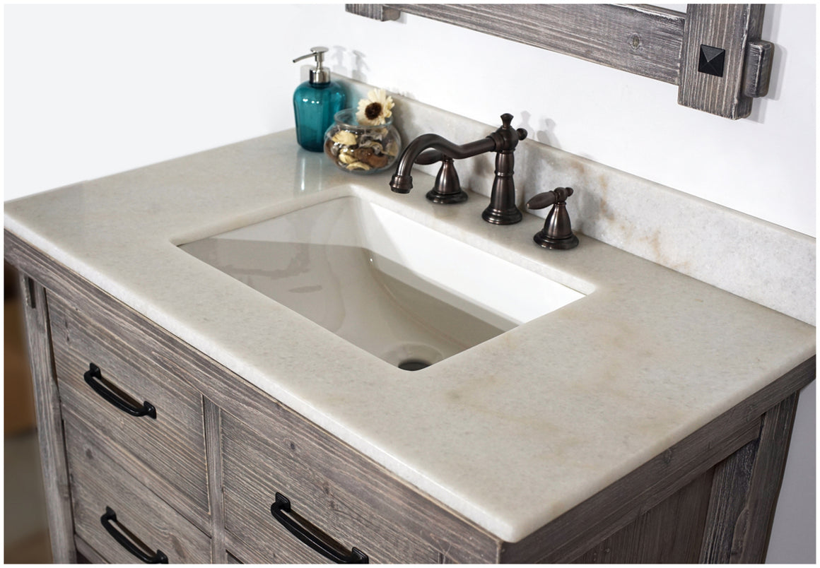36" RUSTIC SOLID FIR SINGLE SINK VANITY IN GREY DRIFTWOOD WITH ARCTIC PEARL QUARTZ MARBLE TOP-NO FAUCET