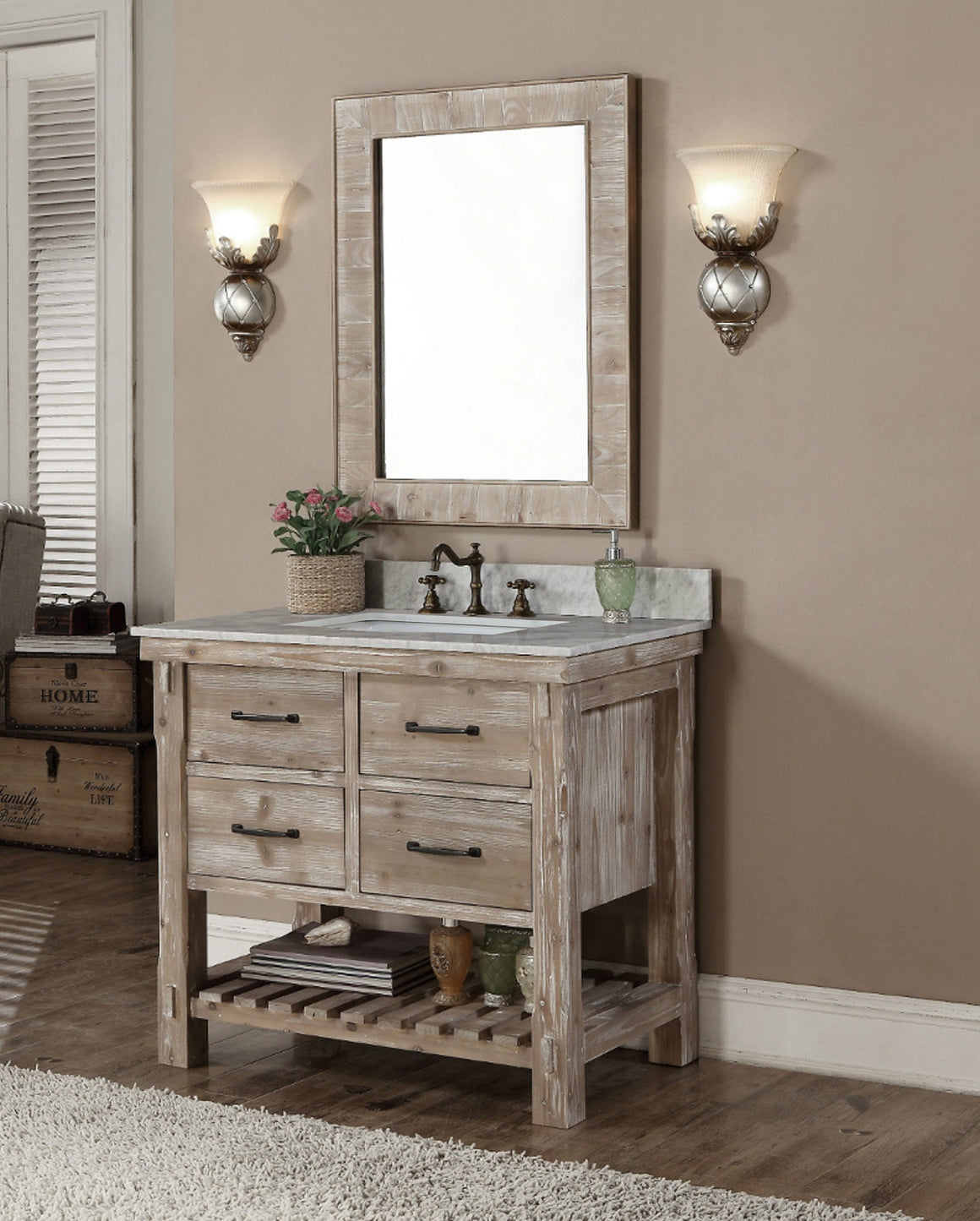 36" Single Sink Rustic Driftwood Bath Vanity with Carrara Marble Top and Rectangle Sink