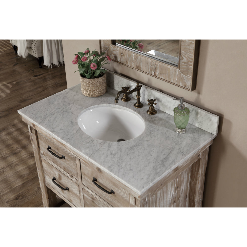 36" Single Sink Rustic Driftwood Bath Vanity with Carrara Marble Top