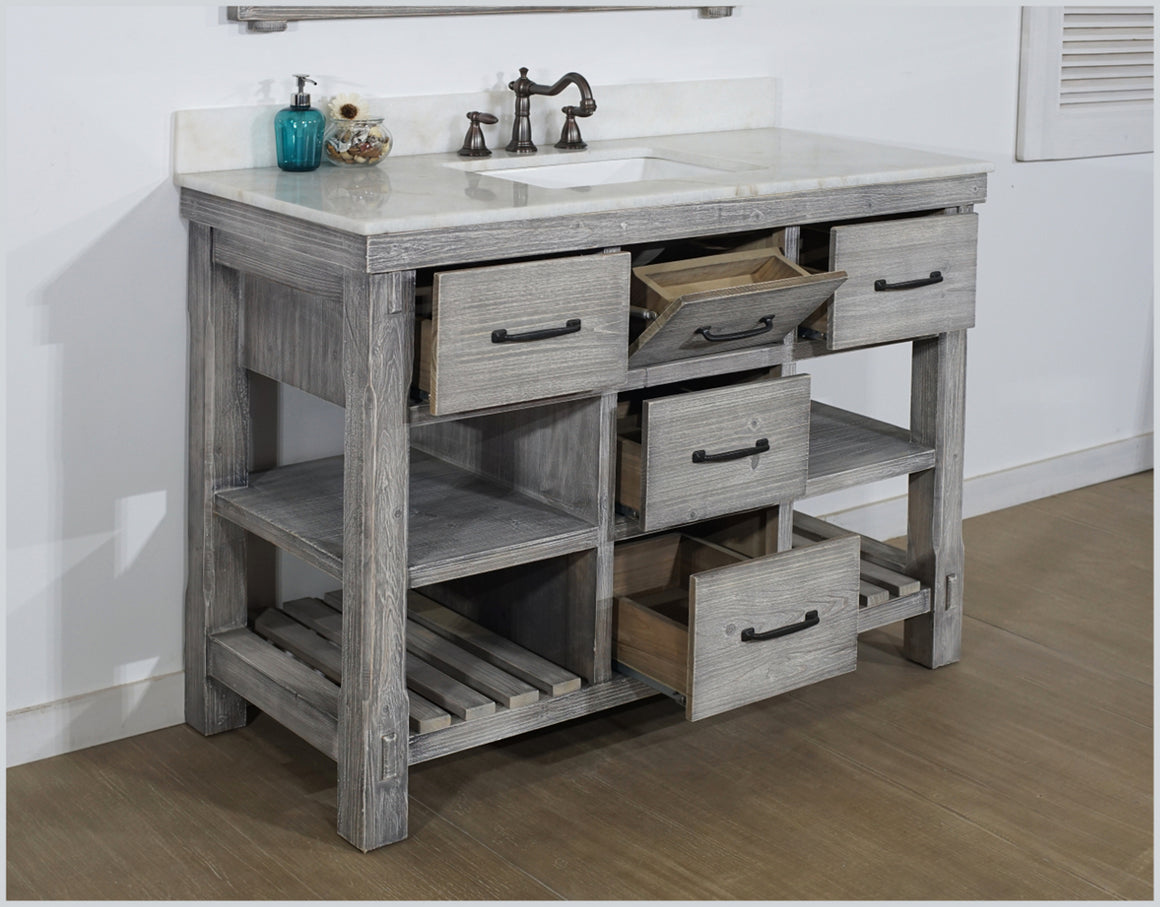 48" RUSTIC SOLID FIR SINGLE SINK VANITY IN GREY DRIFTWOOD WITH ARCTIC PEARL QUARTZ MARBLE TOP-NO FAUCET