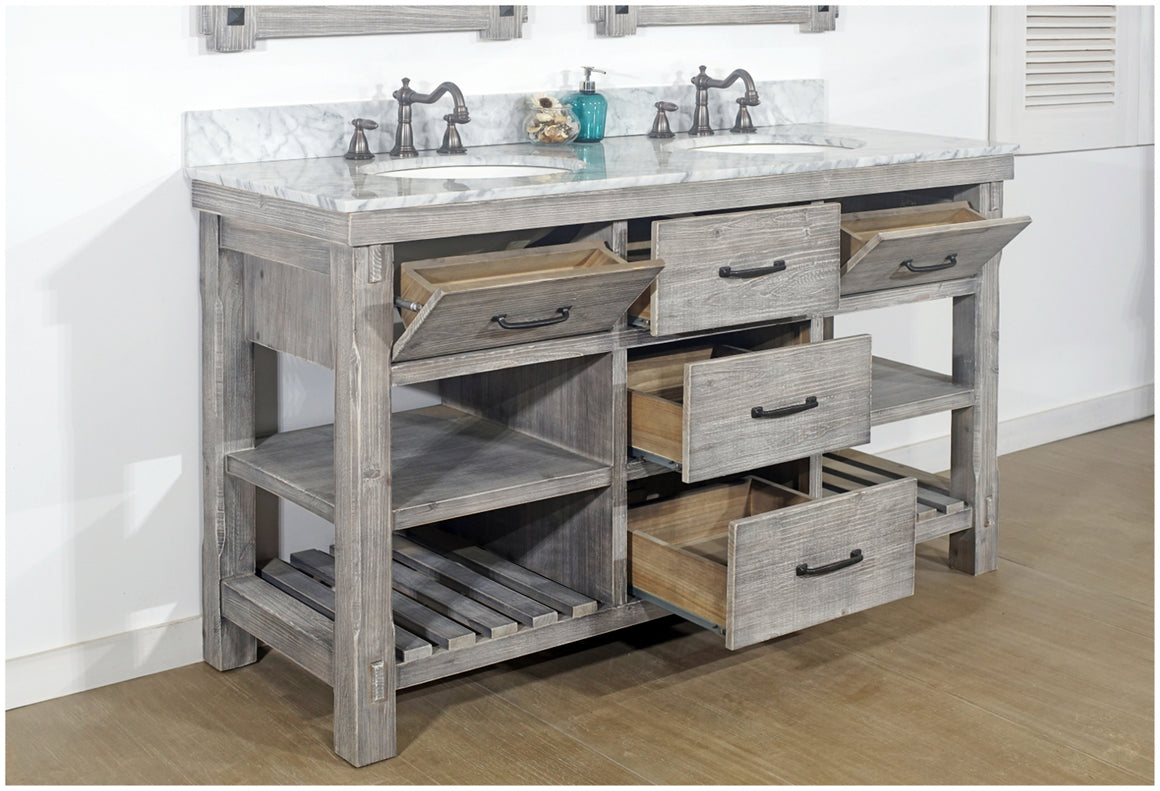 60" RUSTIC SOLID FIR DOUBLE SINK VANITY IN GREY DRIFTWOOD WITH CARRARA WHITE MARBLE TOP-NO FAUCET