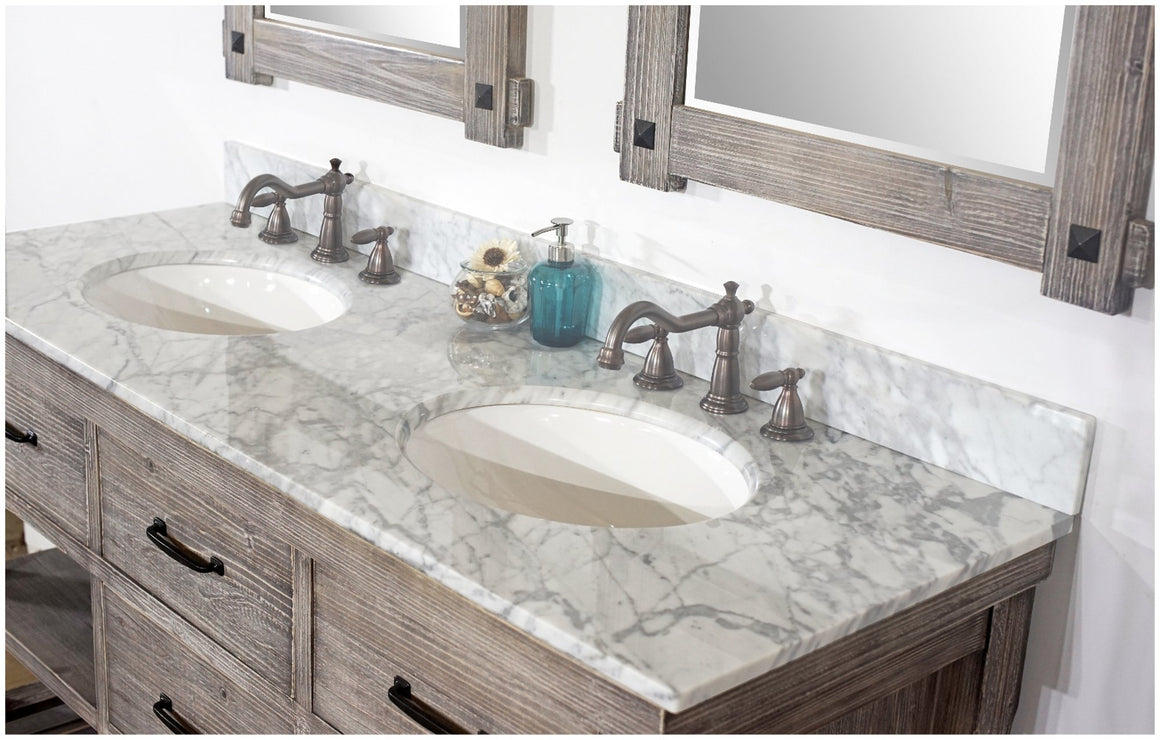 72"RUSTIC SOLID FIR DOUBLE SINK VANITY IN GREY DRIFTWOOD WITH CARRARA WHITE MARBLE TOP-NO FAUCET