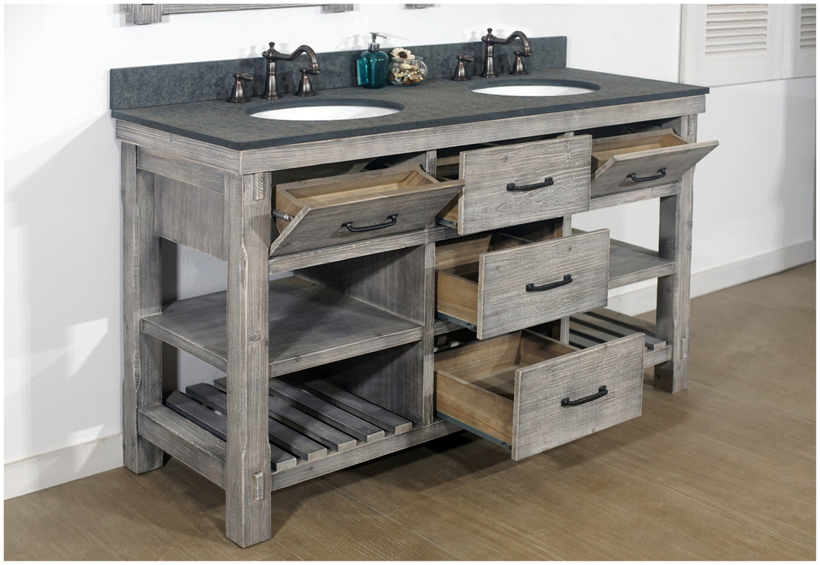 60" RUSTIC SOLID FIR DOUBLE SINK VANITY IN GREY DRIFTWOOD WITH POLISHED TEXTURED SURFACE GRANITE TOP-NO FAUCET