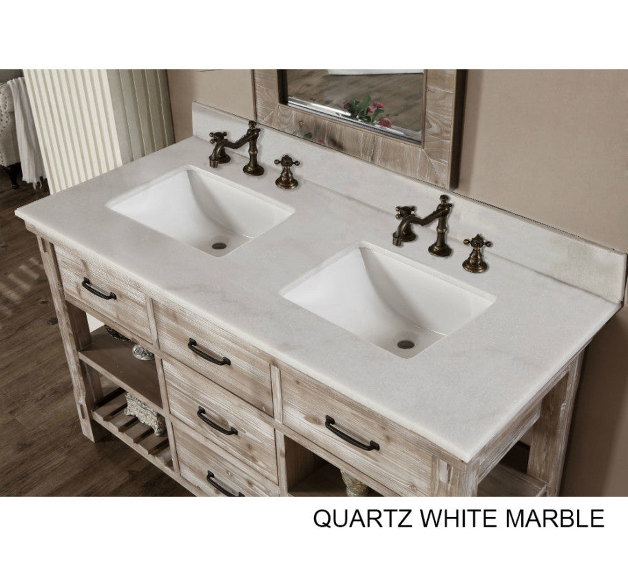 60" Double Sink Rustic Driftwood Bath Vanity with Quartz White Top