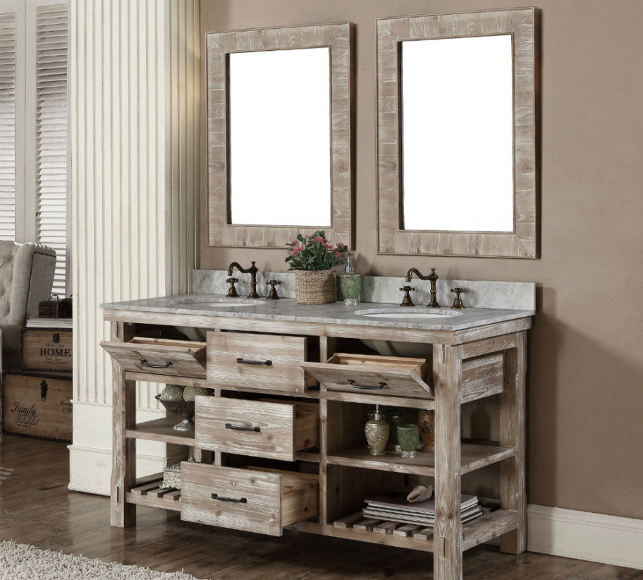 60" Double Sink Rustic Driftwood Bath Vanity with Carrara White Marble Top