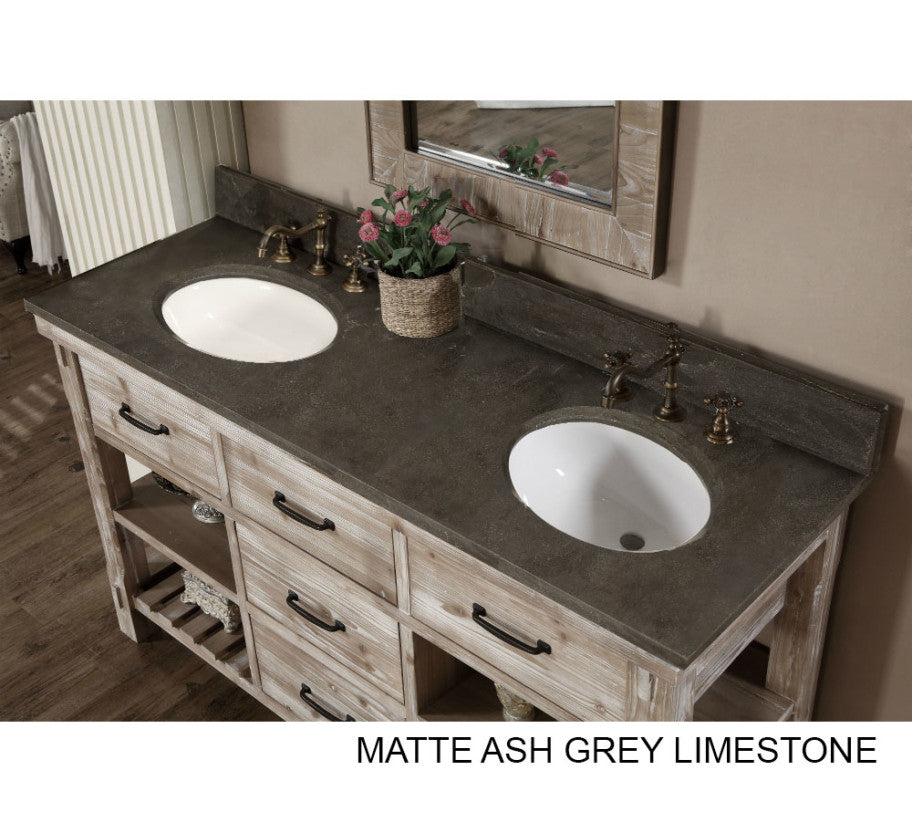 60" Double Sink Rustic Driftwood Bath Vanity with Ash Grey Limestone Top