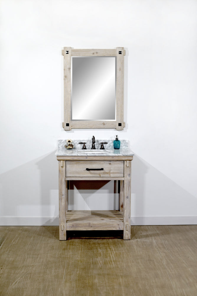 30"RUSTIC SOLID FIR SINGLE SINK VANITY WITH CARRARA WHITE MARBLE TOP-NO FAUCET